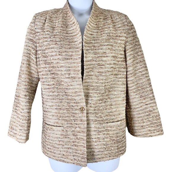 Vintage Jacket Pykettes Boucle Blazer Single Button Up Shoulder Pads Lined Tan
